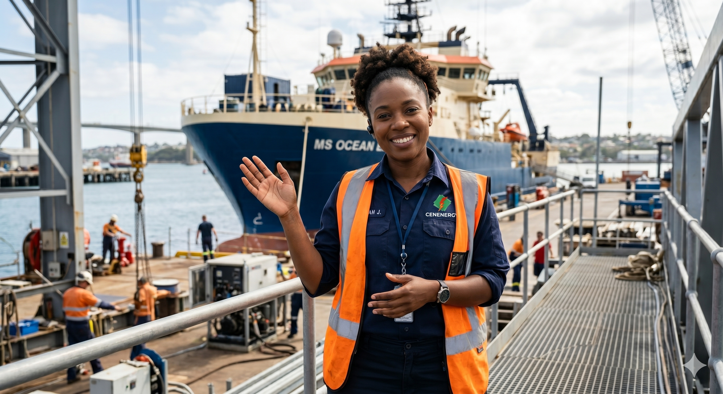 A CENENERGY team member welcoming visitors at the quayside, with an offshore survey vessel alongside